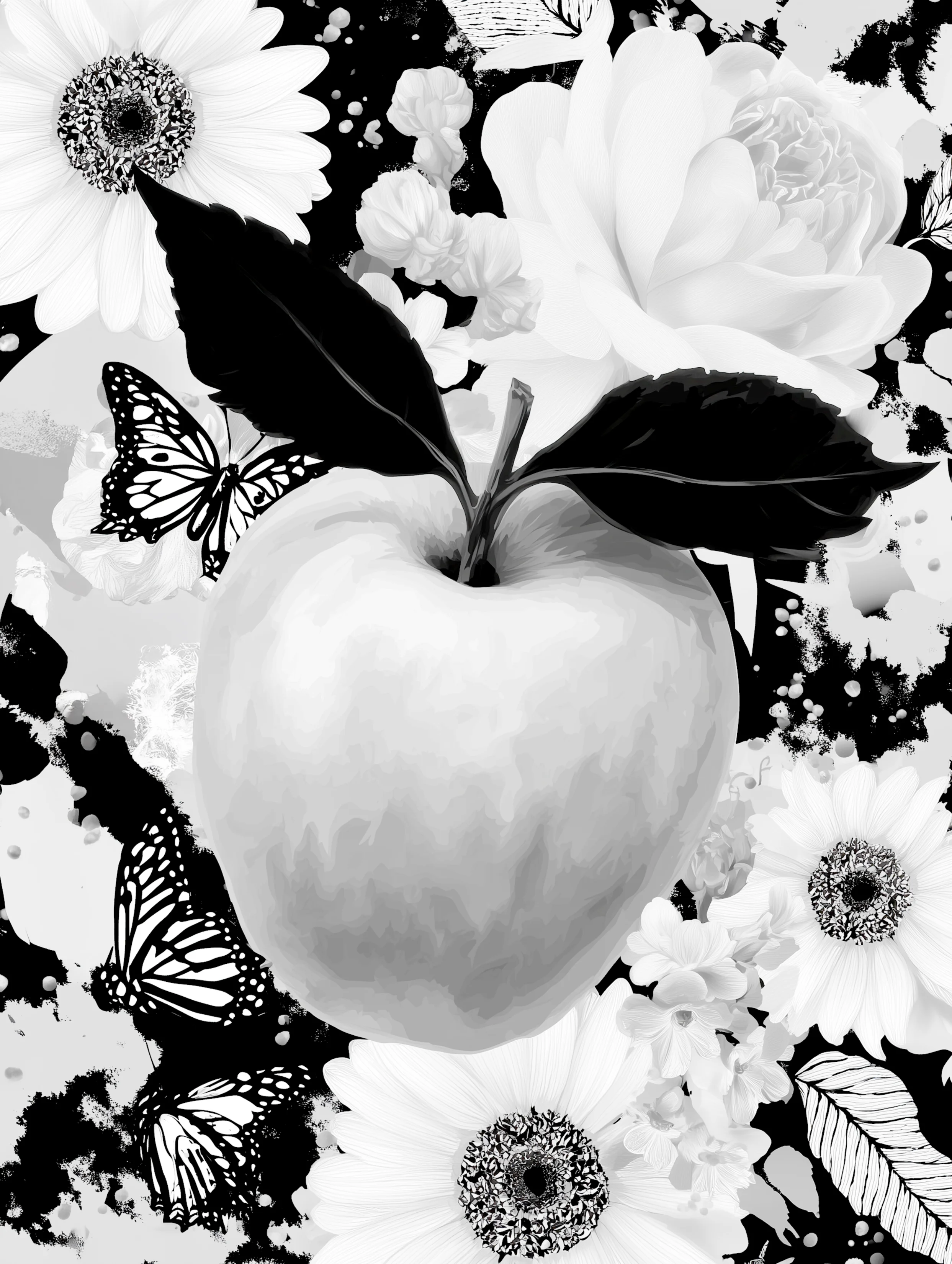 Free printable apple coloring page for adults featuring flying butterflies and apple